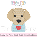 Boys Valentine's Day Puppy Sketch Stitch Embroidery Design: Design preview of a sketch stitch tan puppy holding a blue envelope with a red heart