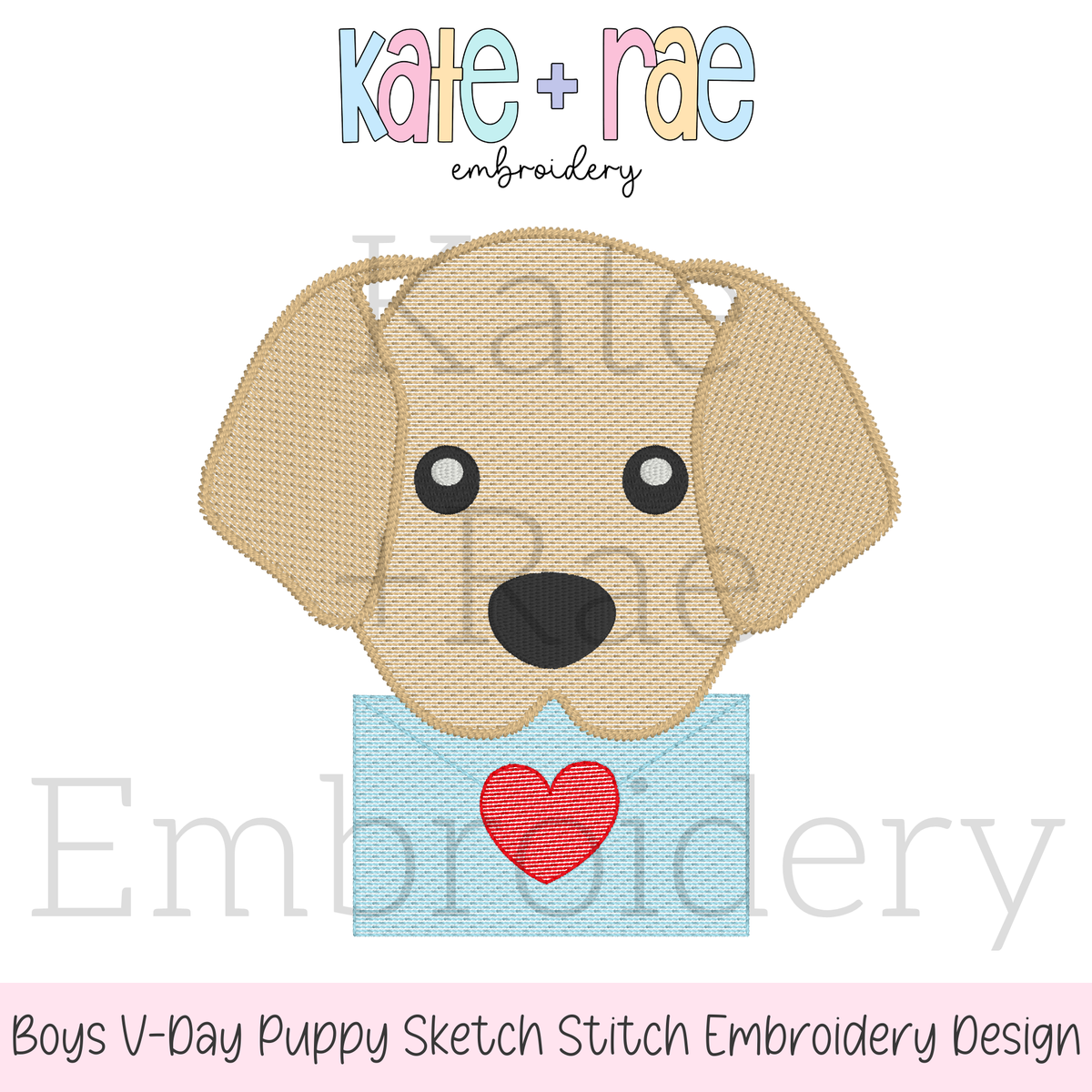 Boys Valentine's Day Puppy Sketch Stitch Embroidery Design: Design preview of a sketch stitch tan puppy holding a blue envelope with a red heart
