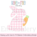 Bunny Bunting Banner Bean Stitch Applique Embroidery Design: Design preview of a pink gingham bunny holding a carrot for an in the hoop bean stitch banner