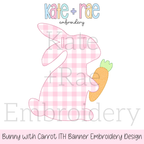 Bunny Bunting Banner Bean Stitch Applique Embroidery Design: Design preview of a pink gingham bunny holding a carrot for an in the hoop bean stitch banner