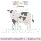 Valentine's Day Cow with Hearts Zigzag Stitch Applique Embroidery Design: Design preview of a sketch stitch cow with gray heart shaped spots standing in grass