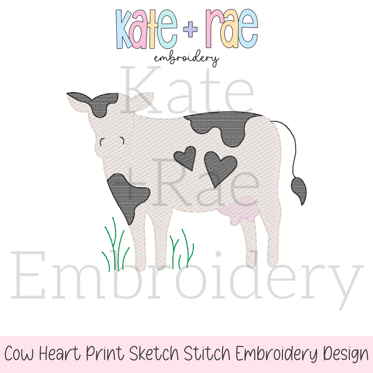 Valentine's Day Cow with Hearts Zigzag Stitch Applique Embroidery Design: Design preview of a sketch stitch cow with gray heart shaped spots standing in grass