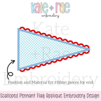 Scalloped Pennant Flag Satin Stitch Applique Embroidery Design: Design preview of a blue gingham scalloped pennant flag satin applique with ribbon ends marked