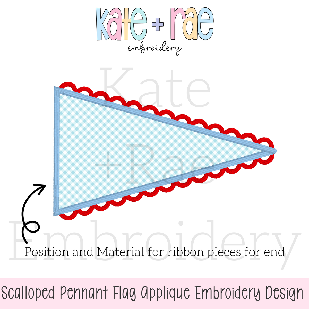 Scalloped Pennant Flag Satin Stitch Applique Embroidery Design: Design preview of a blue gingham scalloped pennant flag satin applique with ribbon ends marked