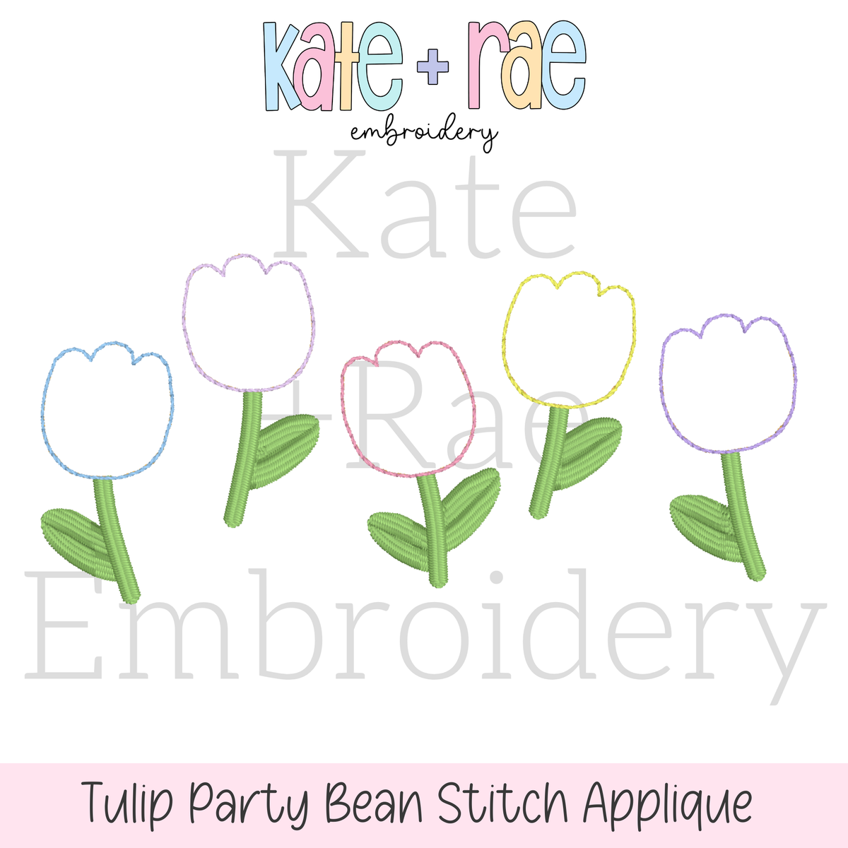 Tulip Party Bean Stitch Applique Embroidery Design: Design preview of five pastel outline tulips with green stems for bean stitch applique