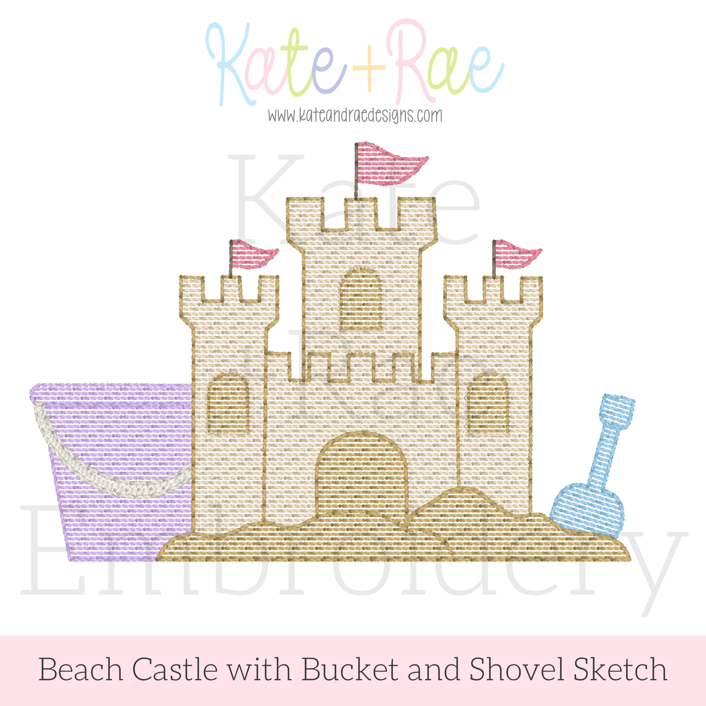 Beach Sand Castle with Bucket and Shovel Sketch Stitch Embroidery Design