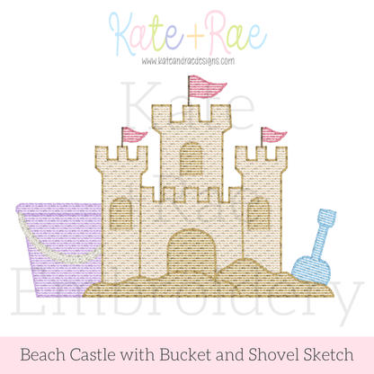 Beach Sand Castle with Bucket and Shovel Sketch Stitch Embroidery Design