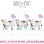 Cow Trio with Bows and Birthday Balloons Sketch Stitch Embroidery Design: Design preview of three sketch stitch cows with pink bows and pink and purple birthday balloons