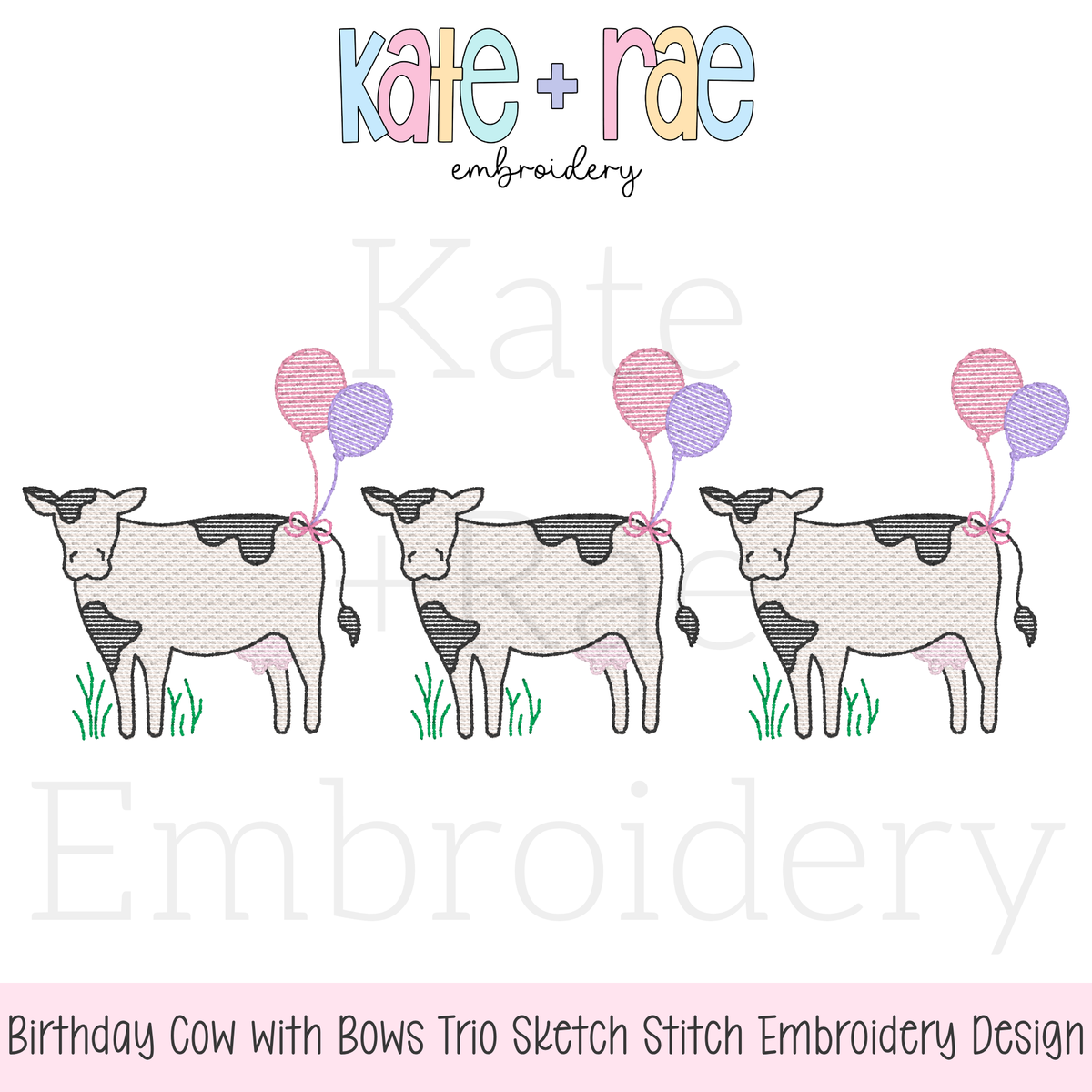 Cow Trio with Bows and Birthday Balloons Sketch Stitch Embroidery Design: Design preview of three sketch stitch cows with pink bows and pink and purple birthday balloons