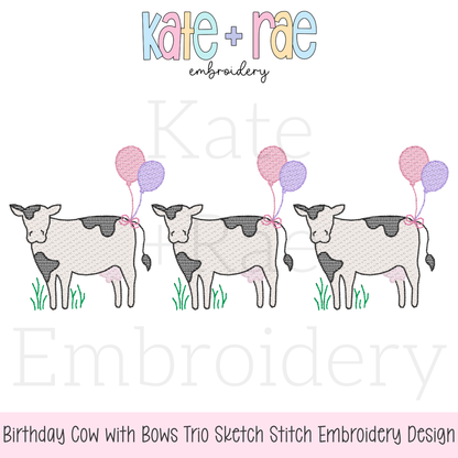 Cow Trio with Bows and Birthday Balloons Sketch Stitch Embroidery Design