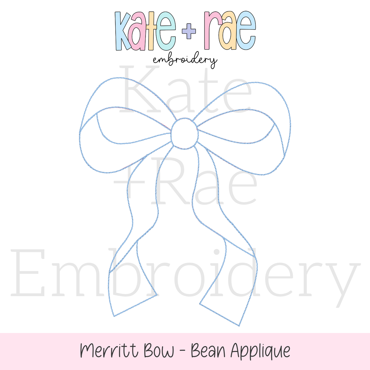 Merritt Bow Bean Stitch Applique Embroidery Design: Design preview of a light blue Merritt bow bean stitch outline with long tails