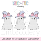 Girls Ghost with Witch Hat Trio Sketch Stitch Embroidery Design: Design preview of three sketch stitch ghosts with lavender witch hats and pink bows