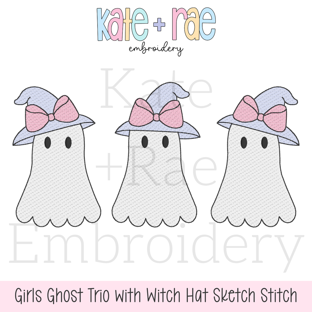 Girls Ghost with Witch Hat Trio Sketch Stitch Embroidery Design: Design preview of three sketch stitch ghosts with lavender witch hats and pink bows