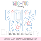 Cupcake Star Spangled Bean Stitch Applique Font: The name Kinley Kate in blue outlined applique letters with red stars, available in 2.5 to 5 inch sizes