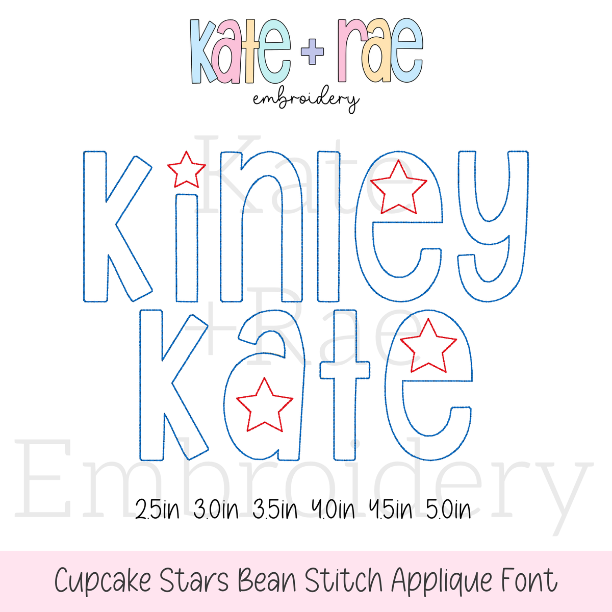 Cupcake Star Spangled Bean Stitch Applique Font: The name Kinley Kate in blue outlined applique letters with red stars, available in 2.5 to 5 inch sizes