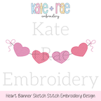 Heart Banner Sketch Stitch Embroidery Design: Design preview of a sketch stitch heart banner with pink hearts and bows on each end