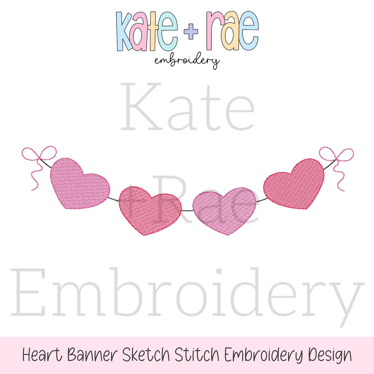Heart Banner Sketch Stitch Embroidery Design: Design preview of a sketch stitch heart banner with pink hearts and bows on each end