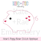 Heart Piggy Bean Stitch Applique Embroidery Design: Design preview of a pink outline pig with red hearts for bean stitch applique