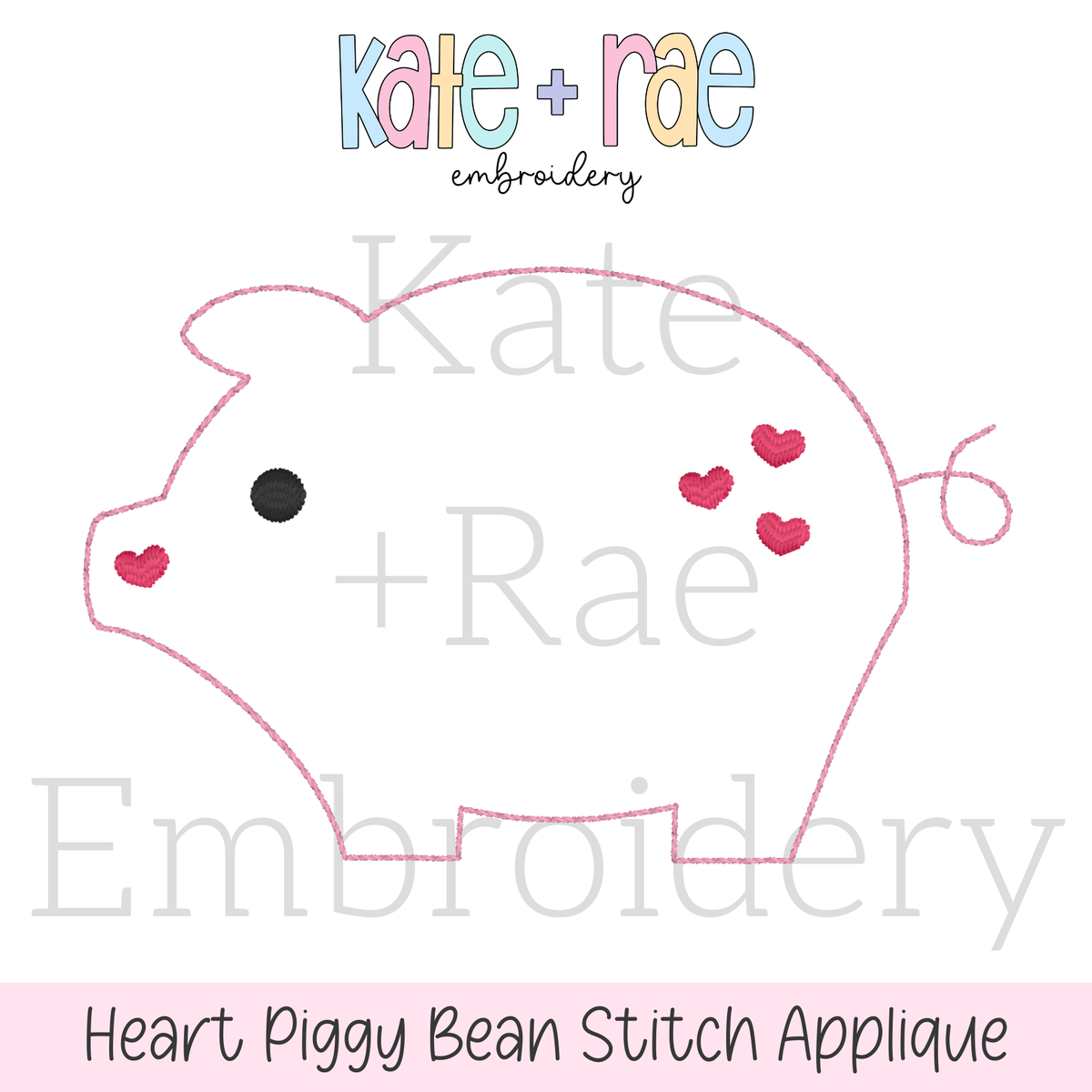 Heart Piggy Bean Stitch Applique Embroidery Design: Design preview of a pink outline pig with red hearts for bean stitch applique