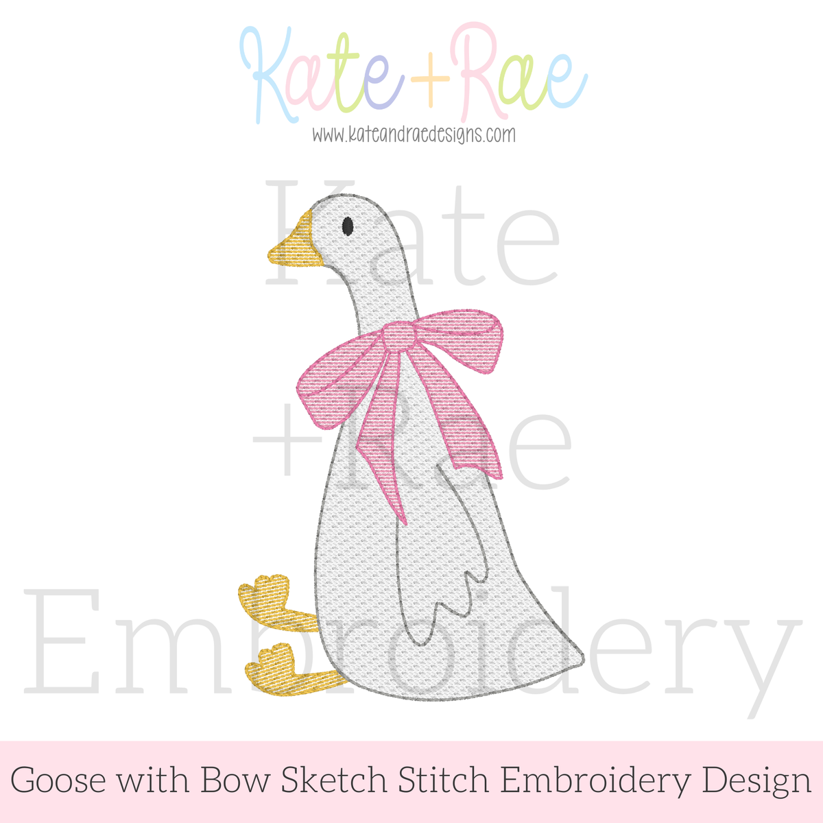 Girl Goose Sketch Stitch with Bow Embroidery Design: Design preview of a white sketch stitch goose with a pink bow