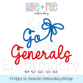 Preppy Go Generals Embroidery Design: Design preview of the words Go Generals in blue and red script with a blue bow, available in 4x4, 5x7, 6x10, 7x12, and 8x8