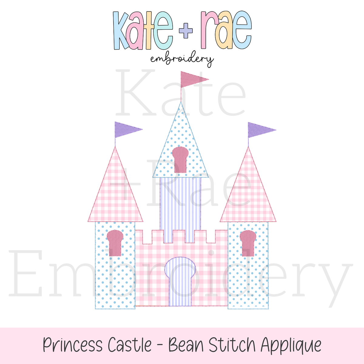 Princess Castle Bean Stitch Applique Embroidery Design: Design preview of a pink and blue gingham princess castle bean stitch applique