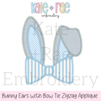 Easter Bunny Ears with Bow Tie Zigzag Stitch Applique Embroidery Design: Design preview of gray bunny ears zigzag applique with a blue striped bow tie