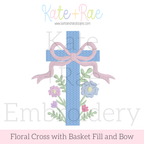 Floral Cross Pattern Fill Stitch Embroidery Design: Design preview of a blue basket fill cross with a pink bow and pastel flowers