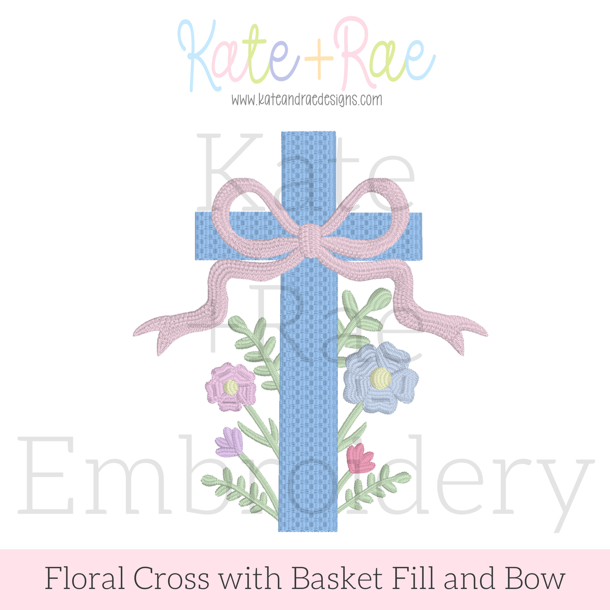 Floral Cross Pattern Fill Stitch Embroidery Design: Design preview of a blue basket fill cross with a pink bow and pastel flowers