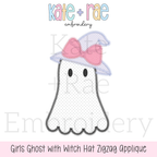 Girls Ghost with Witch Hat Zigzag Stitch Applique Embroidery Design: Design preview of a polka dot ghost zigzag applique with a lavender witch hat and pink bow
