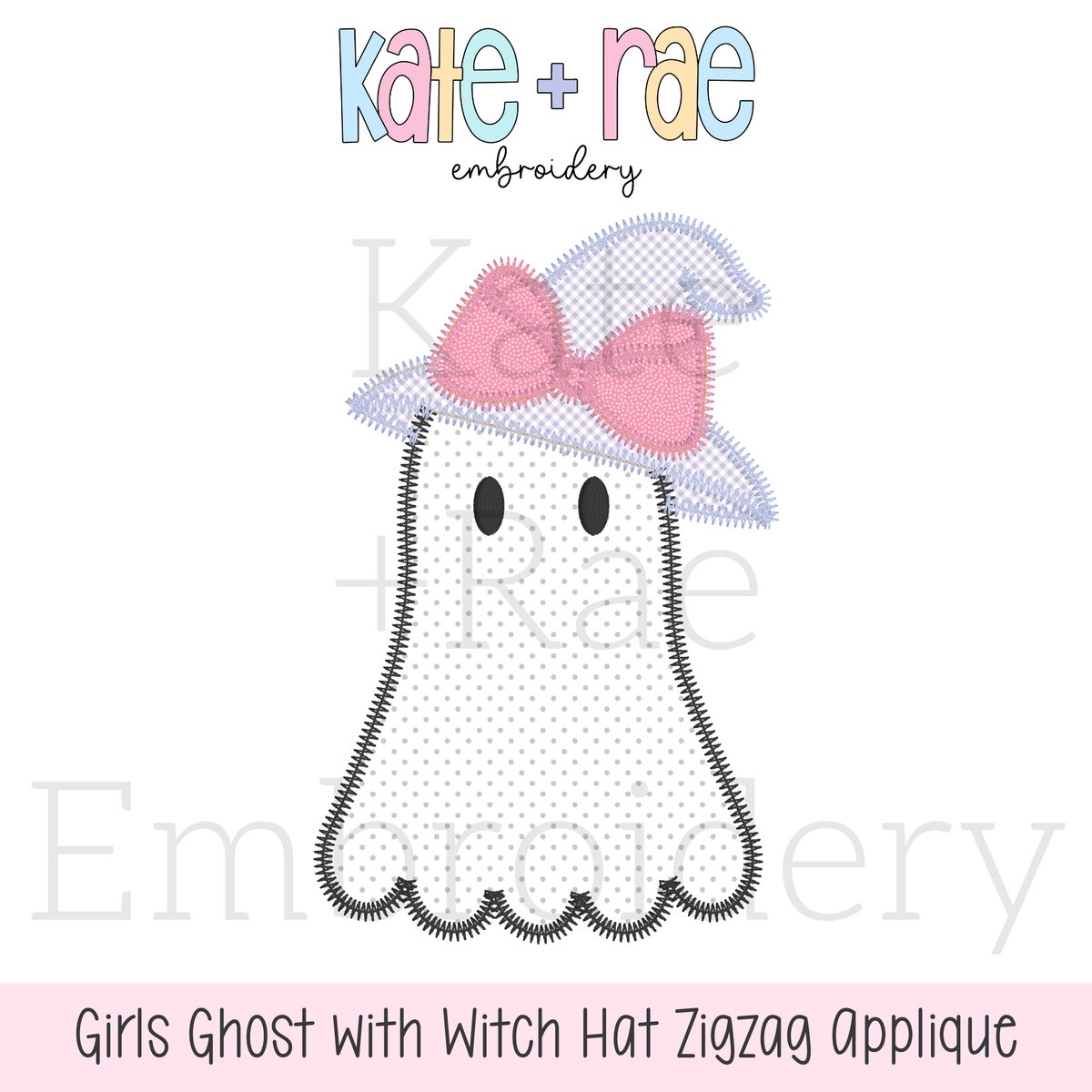Girls Ghost with Witch Hat Zigzag Stitch Applique Embroidery Design: Design preview of a polka dot ghost zigzag applique with a lavender witch hat and pink bow