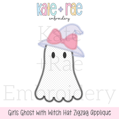 Girls Ghost with Witch Hat Zigzag Stitch Applique Embroidery Design