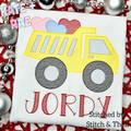 Dump Truck Valentine's Day Sketch Stitch Embroidery Design: Yellow sketch stitch dump truck carrying hearts above the name Jordy on a white shirt