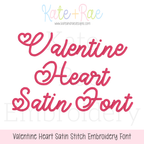 Valentine Heart Satin Stitch Embroidery Font: Font preview reading Valentine Heart Satin Font in pink script with heart accents
