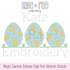 Carrot Filled Easter Egg Trio Sketch Stitch Embroidery Design: Design preview of three blue sketch Easter eggs filled with carrots and yellow dots on grass