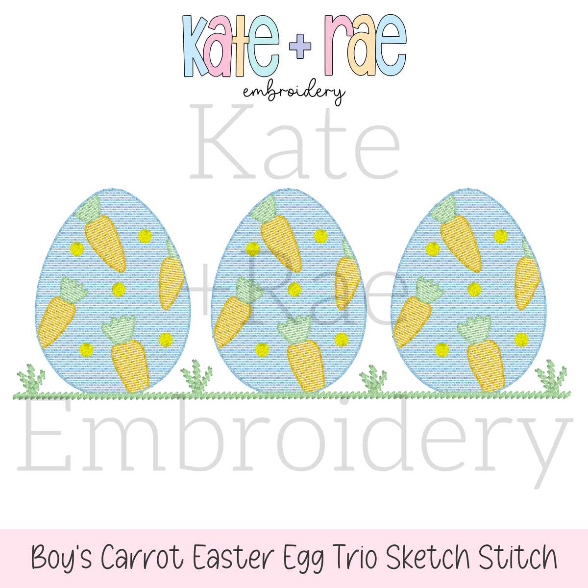 Carrot Filled Easter Egg Trio Sketch Stitch Embroidery Design: Design preview of three blue sketch Easter eggs filled with carrots and yellow dots on grass