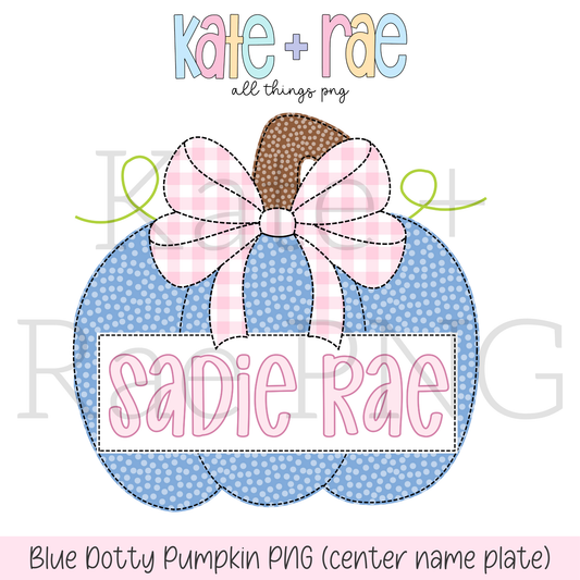 Blue Dotty Pumpkin Faux Applique PNG with Center Name Plate