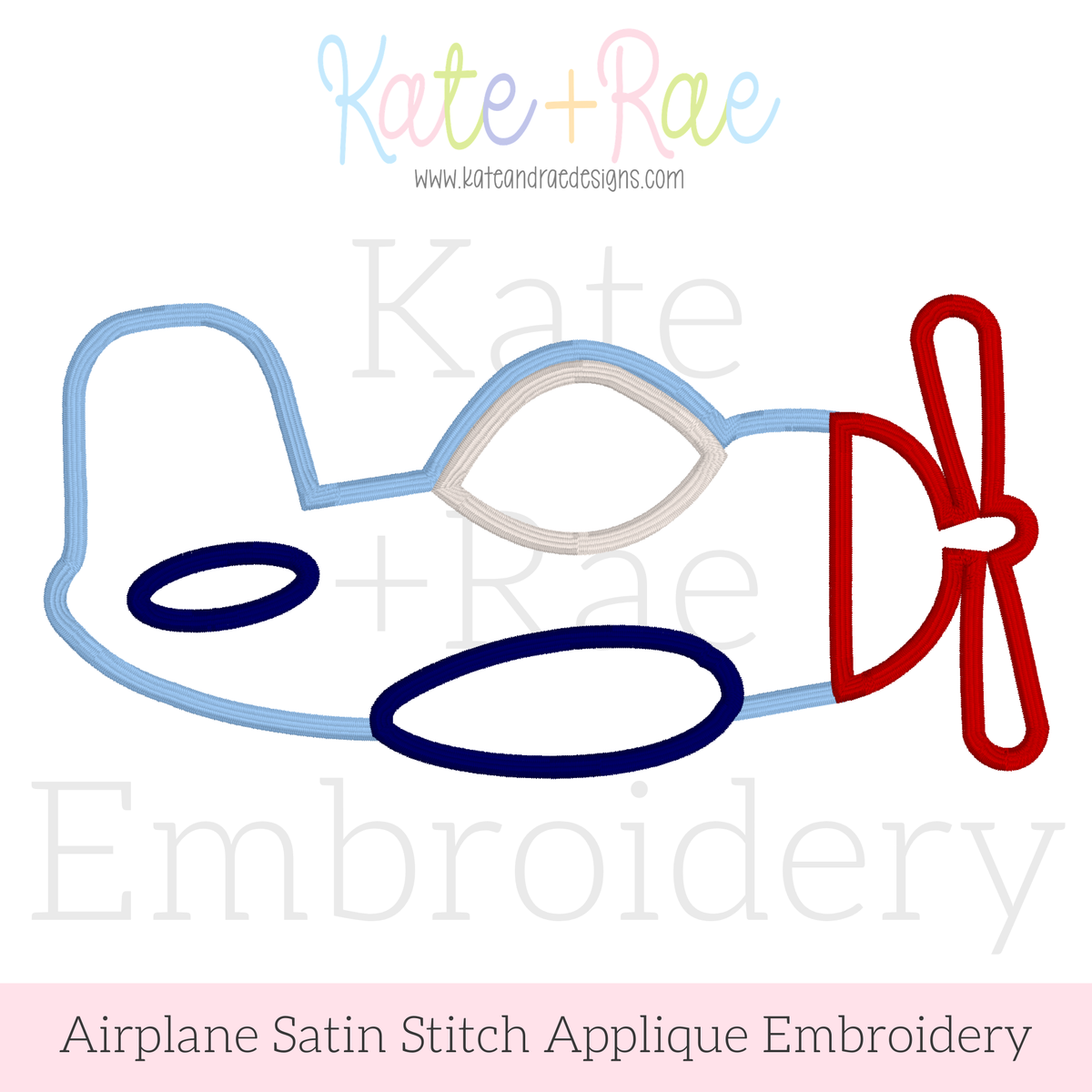 Airplane Satin Stitch Applique Embroidery Design: Design preview of a light blue satin stitch applique airplane with a red propeller