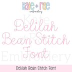 Delilah Bean Stitch Embroidery Font: Font preview reading Delilah Bean Stitch Font in pink script