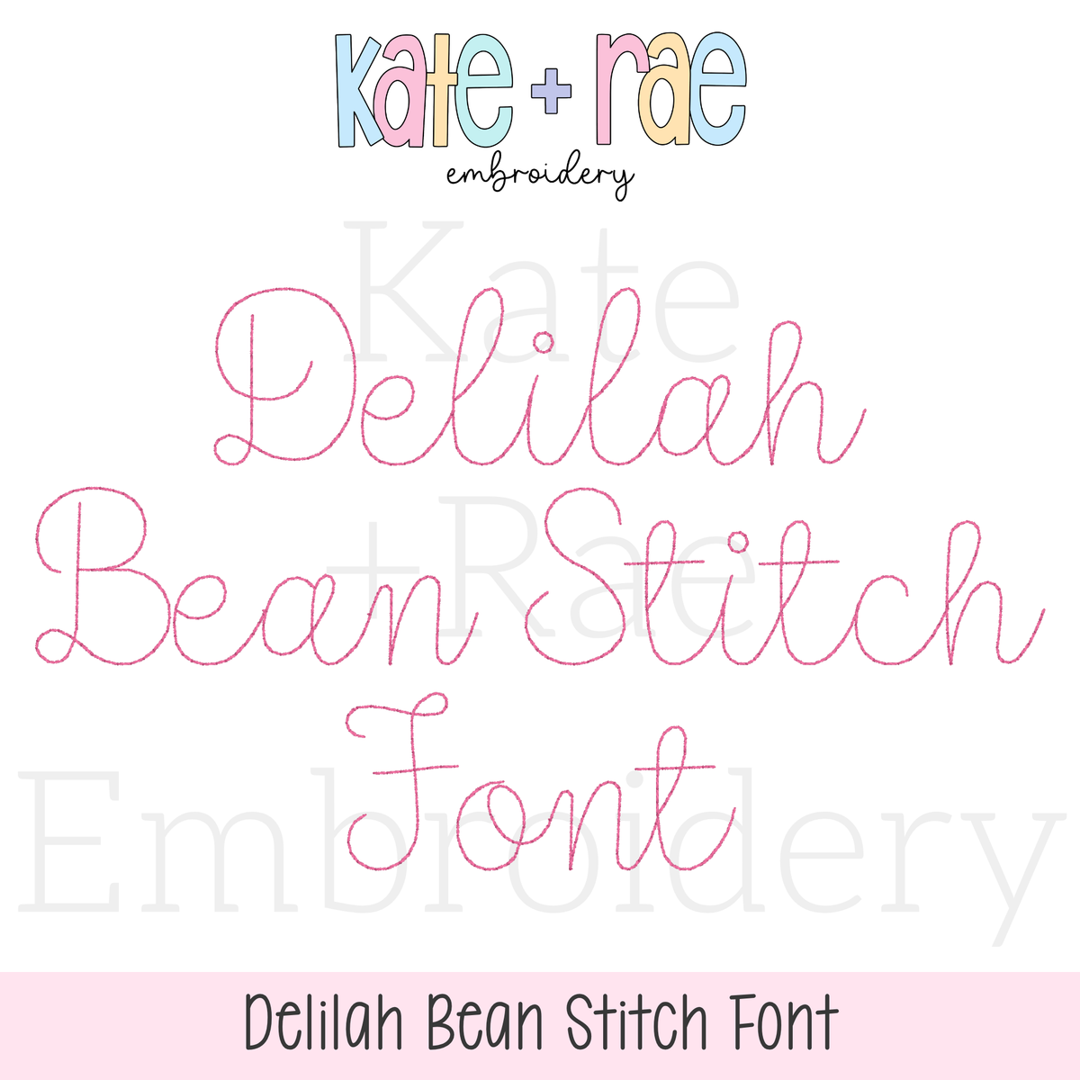 Delilah Bean Stitch Embroidery Font: Font preview reading Delilah Bean Stitch Font in pink script