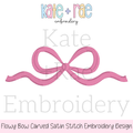Flowy Bow Satin Stitch Embroidery Design: Design preview of a pink flowy bow with carved satin stitch texture and long curling tails