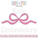 Flowy Bow Satin Stitch Embroidery Design: Design preview of a pink flowy bow with carved satin stitch texture and long curling tails