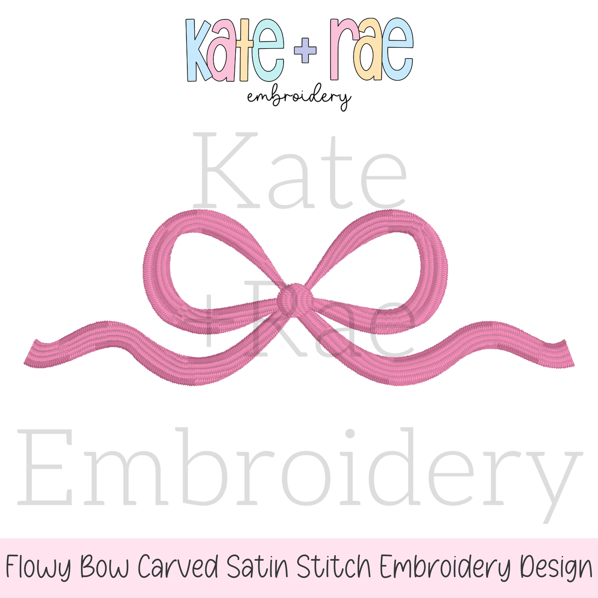 Flowy Bow Satin Stitch Embroidery Design: Design preview of a pink flowy bow with carved satin stitch texture and long curling tails