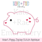 Heart Piggy Zigzag Stitch Applique Embroidery Design: Design preview of a pink zigzag outline pig with red hearts