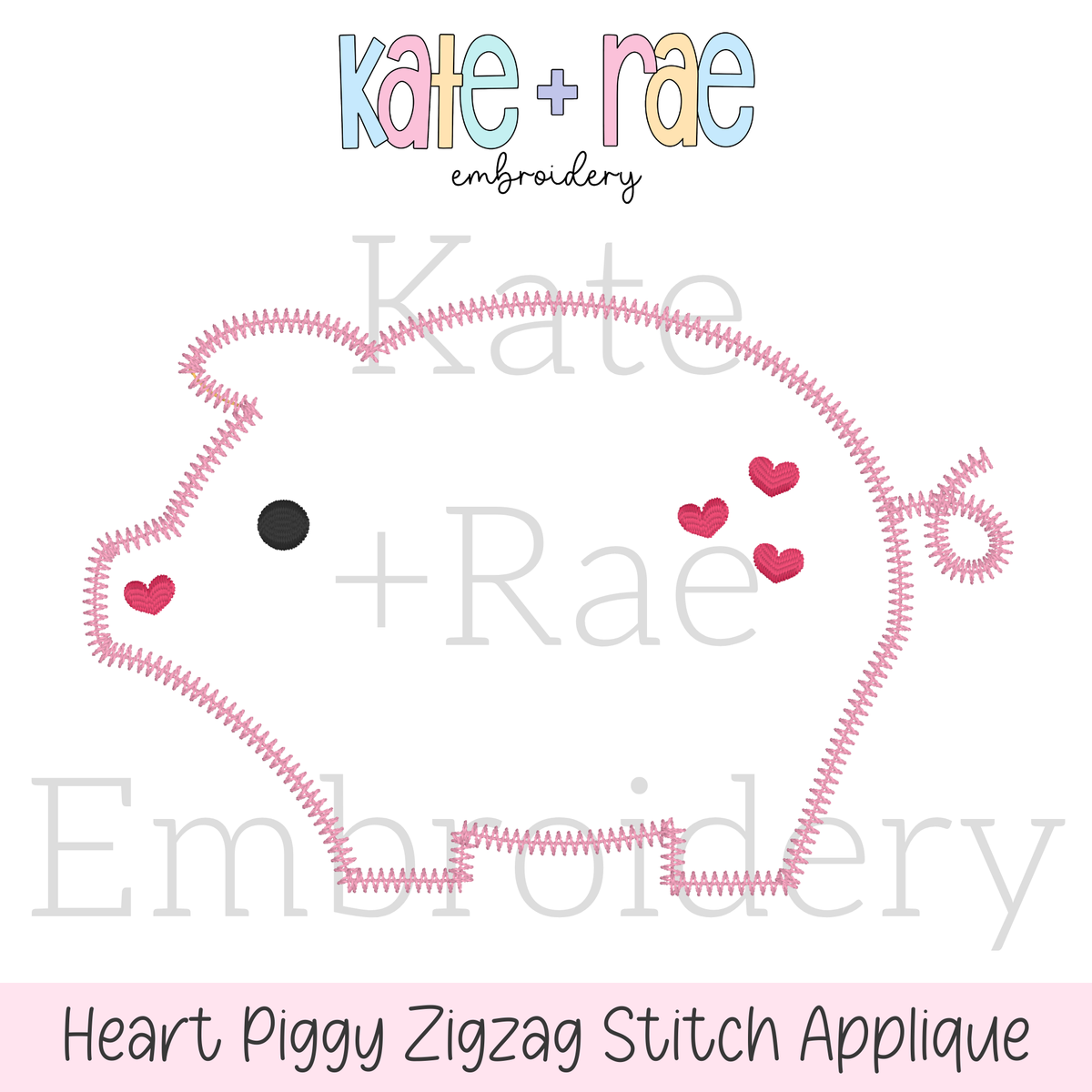 Heart Piggy Zigzag Stitch Applique Embroidery Design: Design preview of a pink zigzag outline pig with red hearts