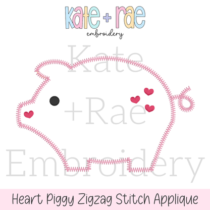 Heart Piggy Zigzag Stitch Applique Embroidery Design