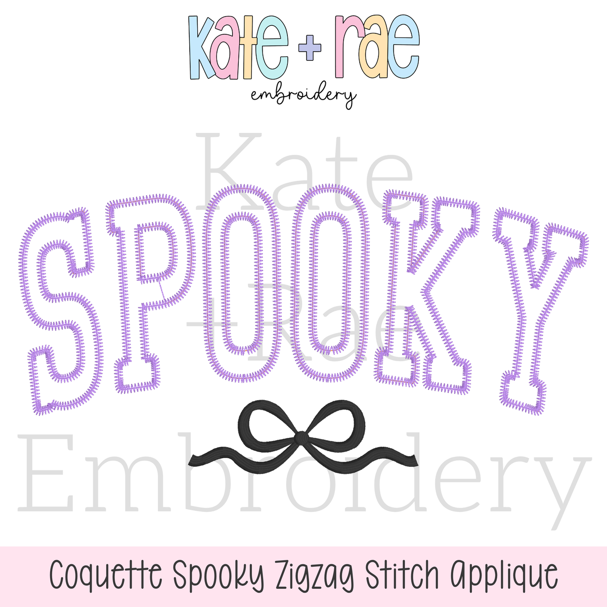 Curved Spooky with Bow Zigzag Stitch Applique Embroidery Design: Design preview of SPOOKY in lavender curved zigzag applique letters with a black bow