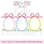 Girl's Easter Egg Trio Zigzag Applique Embroidery Design: Design preview of three zigzag applique Easter egg outlines in pink, blue, and yellow with bows