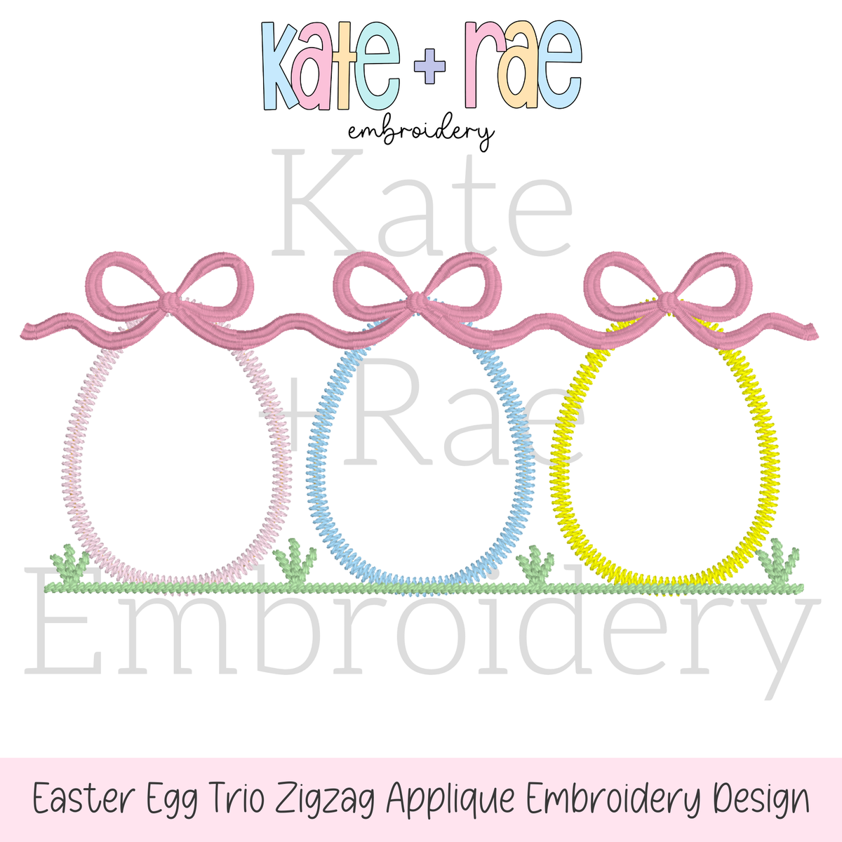 Girl's Easter Egg Trio Zigzag Applique Embroidery Design: Design preview of three zigzag applique Easter egg outlines in pink, blue, and yellow with bows