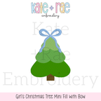 Girls Christmas Tree Textured Mini Fill Embroidery Design: Design preview of a green textured mini fill Christmas tree with a blue bow